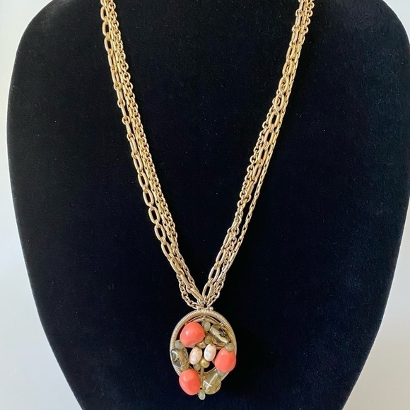 Necklace Pendant Acrylic Bead Work Light Gold Tone Multi Chains Chunky - Picture 5 of 12